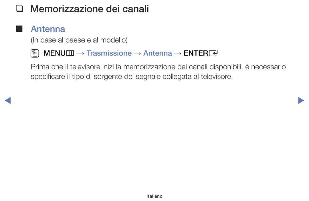 Samsung UE48J5100AWXXH, UE32J5000AWXXH manual Memorizzazione dei canali , OO MENUm → Trasmissione → Antenna → Entere 